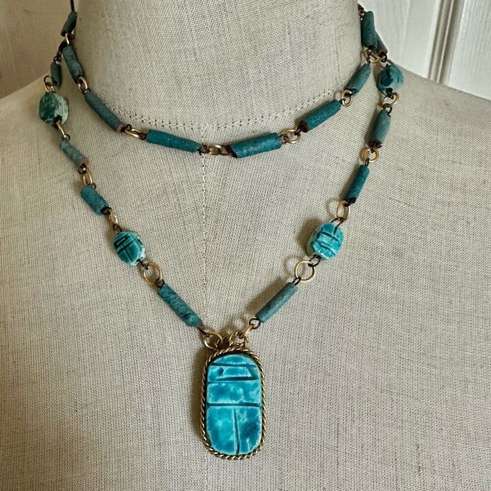 Egyptian Revival Turquoise Faience Scarab Necklace